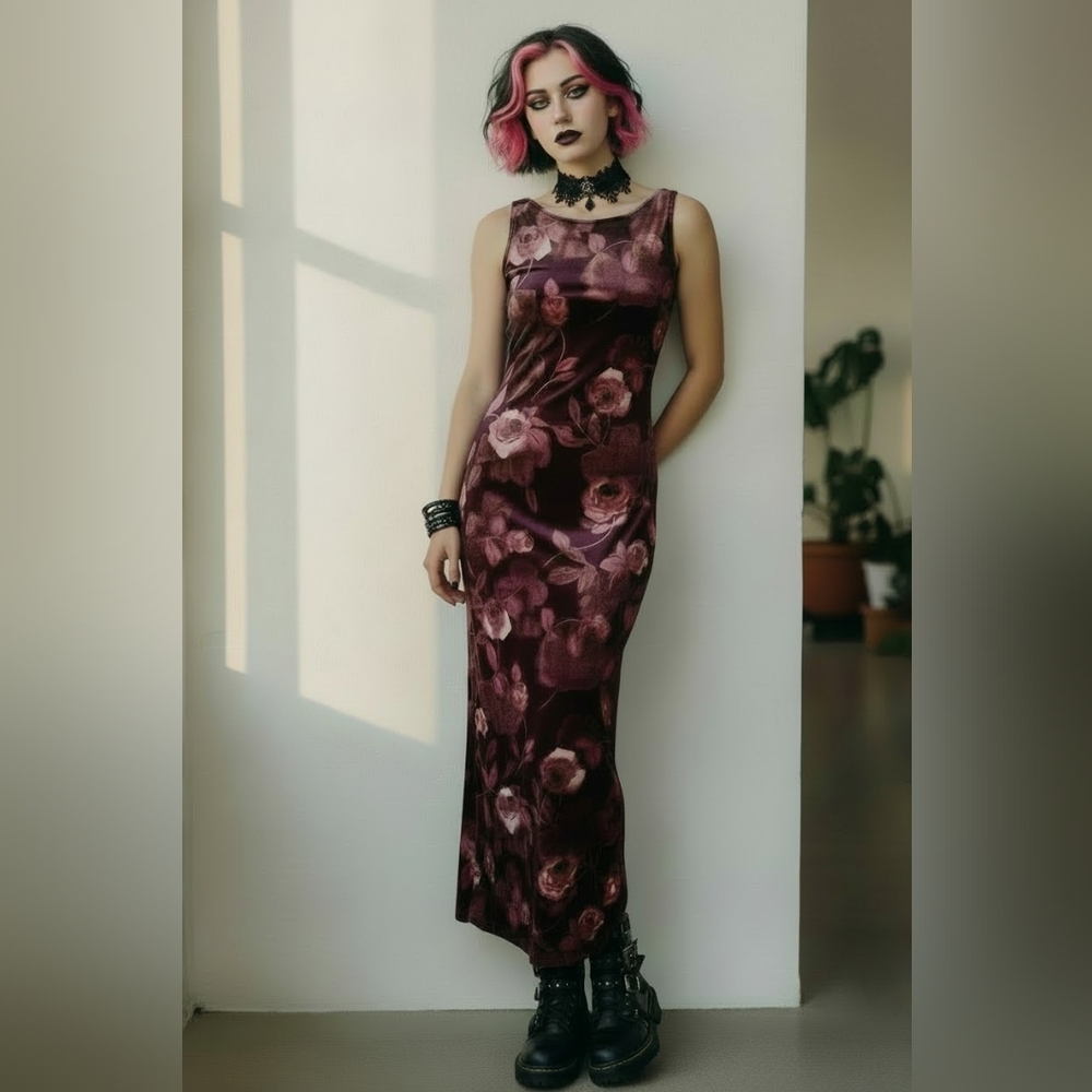vtg 90s Maurice's floral Velvet maxi dress